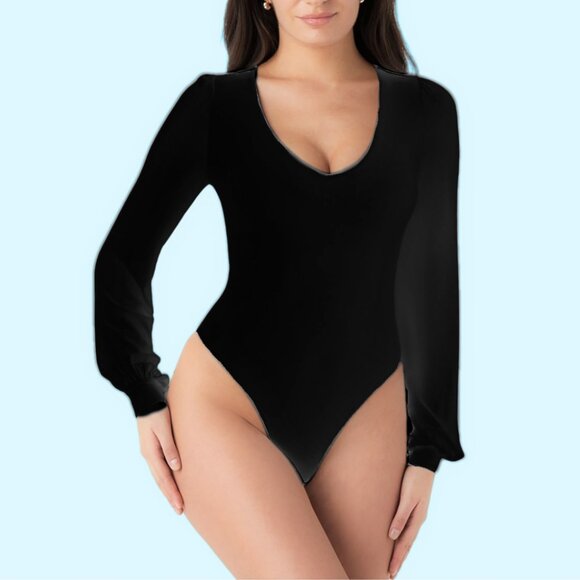 (NWT) Halara Women's V Neck Puff Sleeve Work Bodysuit Long Sleeve Black New - Picture 5 of 13